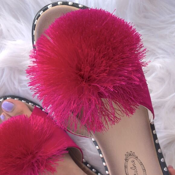 Size 11‎ Bright Fuchsia Pink Pom Pom Silver Stud Slip On Mule Sandal - Picture 6 of 6